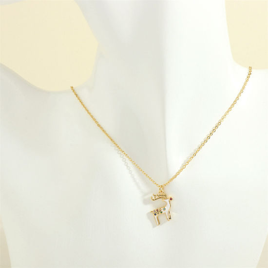 Picture of 1 Piece Hypoallergenic Sweet & Cute Retro 18K Gold Plated Brass & Rhinestone Link Cable Chain Christmas Reindeer Enamel Pendant Necklace For Women Christmas 40cm(15 6/8") long