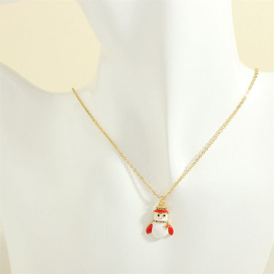 Picture of 1 Piece Hypoallergenic Sweet & Cute Retro 18K Gold Plated Brass & Rhinestone Link Cable Chain Christmas Snowman Enamel Pendant Necklace For Women Christmas 40cm(15 6/8") long