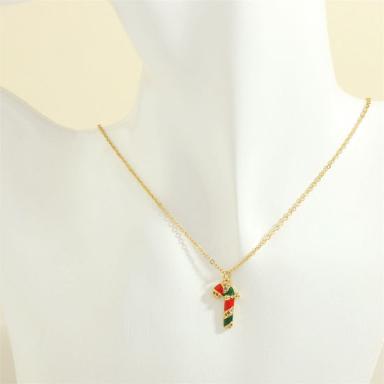 Picture of 1 Piece Hypoallergenic Sweet & Cute Retro 18K Gold Plated Brass & Rhinestone Link Cable Chain Christmas Candy Cane Enamel Pendant Necklace For Women Christmas 40cm(15 6/8") long