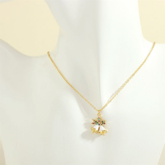 Picture of 1 Piece Hypoallergenic Sweet & Cute Retro 18K Gold Plated Brass & Rhinestone Link Cable Chain Christmas Jingle Bell Enamel Pendant Necklace For Women Christmas 40cm(15 6/8") long