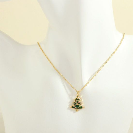 Picture of 1 Piece Hypoallergenic Sweet & Cute Retro 18K Gold Plated Brass & Rhinestone Link Cable Chain Christmas Tree Enamel Pendant Necklace For Women Christmas 40cm(15 6/8") long