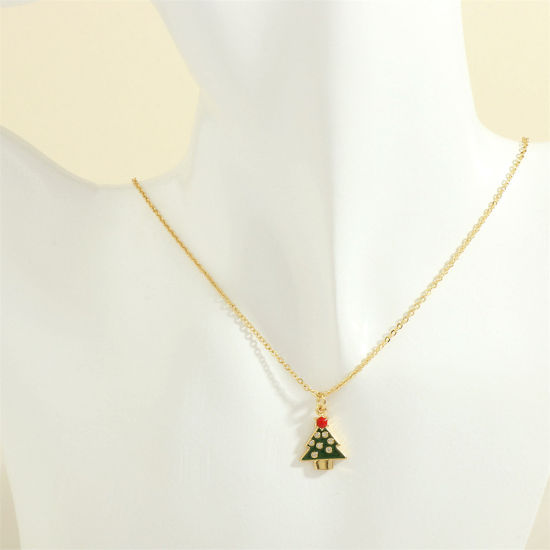 Picture of 1 Piece Hypoallergenic Sweet & Cute Retro 18K Gold Plated Brass & Rhinestone Link Cable Chain Christmas Tree Enamel Pendant Necklace For Women Christmas 40cm(15 6/8") long