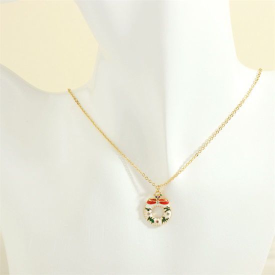 Picture of 1 Piece Hypoallergenic Sweet & Cute Retro 18K Gold Plated Brass & Rhinestone Link Cable Chain Christmas Wreath Enamel Pendant Necklace For Women Christmas 40cm(15 6/8") long