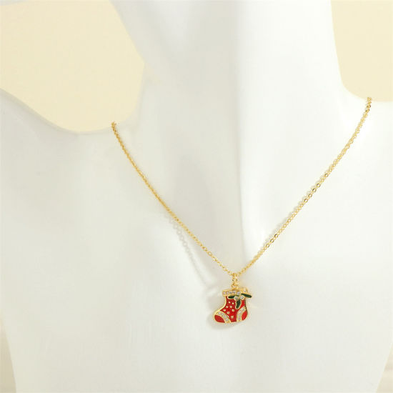 Picture of 1 Piece Hypoallergenic Sweet & Cute Retro 18K Gold Plated Brass & Rhinestone Link Cable Chain Christmas Stocking Enamel Pendant Necklace For Women Christmas 40cm(15 6/8") long