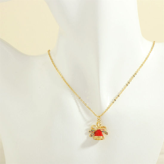 Picture of 1 Piece Hypoallergenic Sweet & Cute Retro 18K Gold Plated Brass & Rhinestone Link Cable Chain Christmas Jingle Bell Enamel Pendant Necklace For Women Christmas 40cm(15 6/8") long