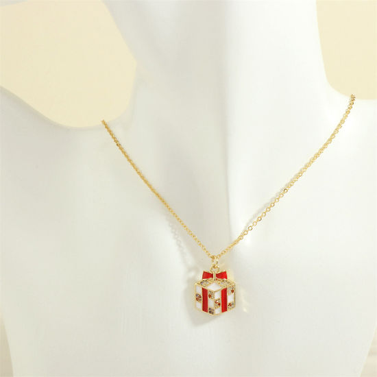 Picture of 1 Piece Hypoallergenic Sweet & Cute Retro 18K Gold Plated Brass & Rhinestone Link Cable Chain Christmas Gift Box Enamel Pendant Necklace For Women Christmas 40cm(15 6/8") long