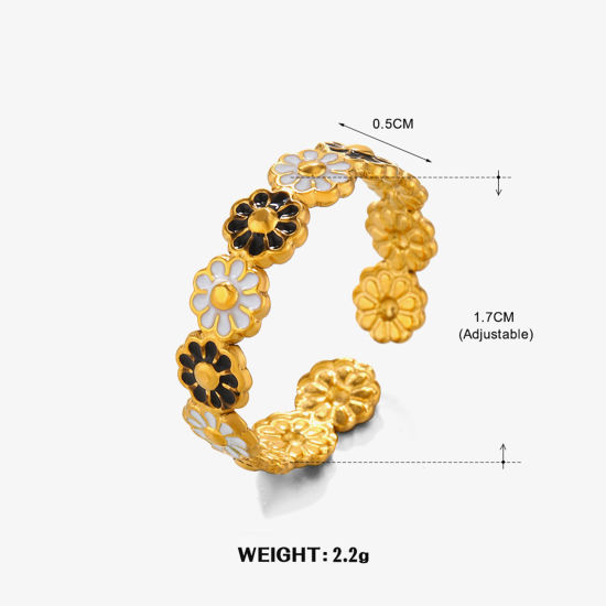 Image de 1 Pièce Placage sous Vide Pastorale Naturelle Bagues Ouvert Rétro en 304 Acier Inoxydable Plaqué Or 18K Noir & Blanc Marguerite Émail Pour Femmes Fête 17mm (Taille d'US 6.5)