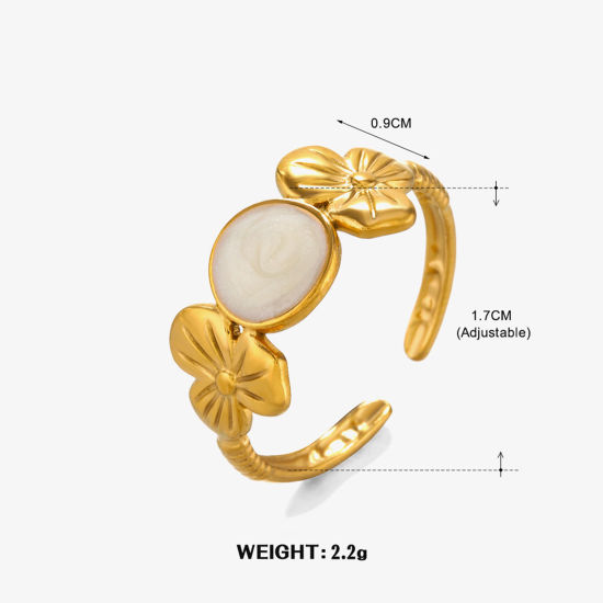 Bild von 1 Stück Vakuumbeschichtung Stilvoll Hip-Hop 18K Gold Plattiert Weiß 304 Edelstahl Offen Rund Blumen Emaille Ring Für Frauen Party 17mm (US Größe 6.5)
