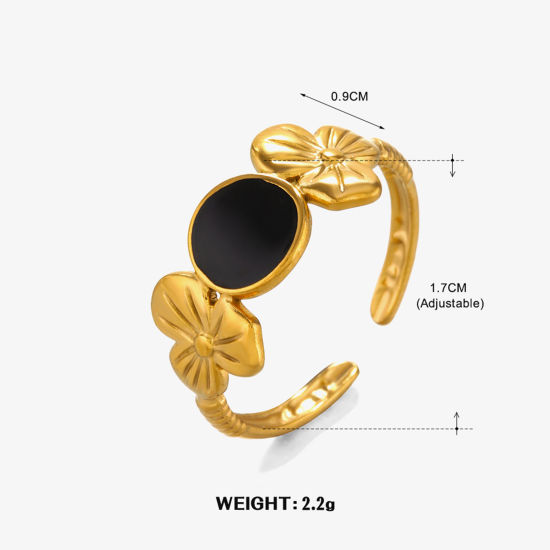 Bild von 1 Stück Vakuumbeschichtung Stilvoll Hip-Hop 18K Gold Plattiert Schwarz 304 Edelstahl Offen Rund Blumen Emaille Ring Für Frauen Party 17mm (US Größe 6.5)