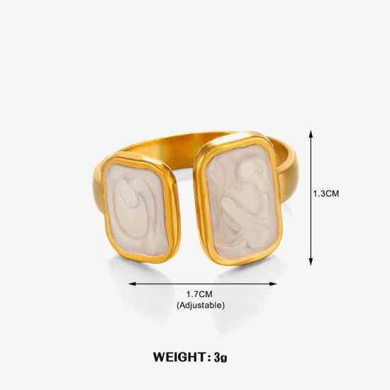 Bild von 1 Stück Vakuumbeschichtung Stilvoll Ins Stil 18K Gold Plattiert Weiß 304 Edelstahl Offen Rechteck Emaille Ring Für Frauen Party 17mm (US Größe 6.5)
