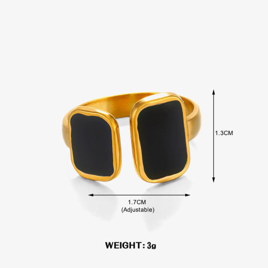 Bild von 1 Stück Vakuumbeschichtung Stilvoll Ins Stil 18K Gold Plattiert Schwarz 304 Edelstahl Offen Rechteck Emaille Ring Für Frauen Party 17mm (US Größe 6.5)