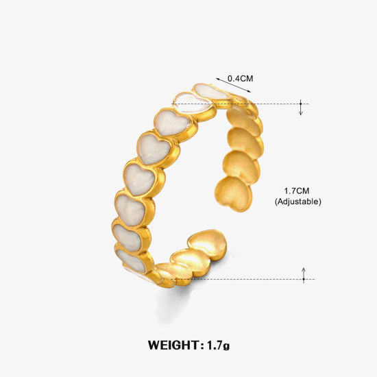 Image de 1 Pièce Placage sous Vide À la Mode Bagues Ouvert Style Ins en 304 Acier Inoxydable Plaqué Or 18K Blanc Cœur Émail Pour Femmes Fête 17mm (Taille d'US 6.5)