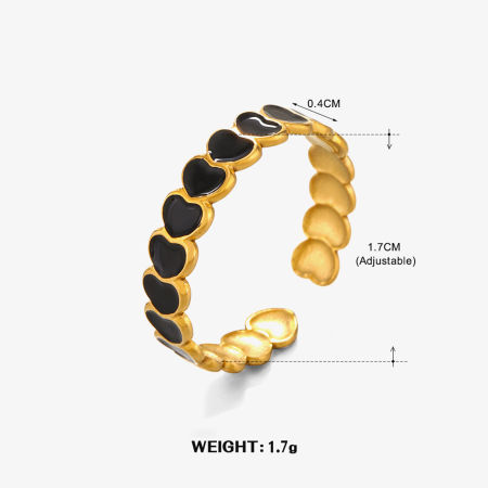 Picture of 1 Piece Vacuum Plating Stylish Ins Style 18K Gold Plated Black 304 Stainless Steel Open Heart Enamel Rings For Women Party 17mm(US Size 6.5)
