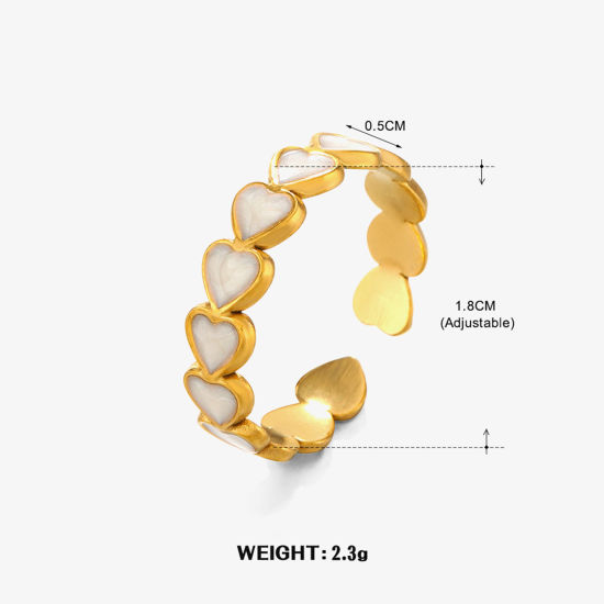 Image de 1 Pièce Placage sous Vide À la Mode Bagues Ouvert Style Ins en 304 Acier Inoxydable Plaqué Or 18K Blanc Cœur Émail Pour Femmes Fête 18mm (Taille d'US 7.75)