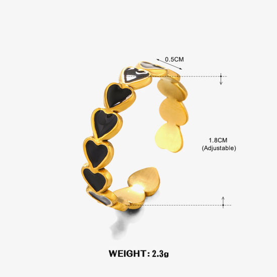 Image de 1 Pièce Placage sous Vide À la Mode Bagues Ouvert Style Ins en 304 Acier Inoxydable Plaqué Or 18K Noir Cœur Émail Pour Femmes Fête 18mm (Taille d'US 7.75)