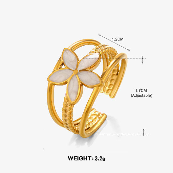 Picture of 1 Piece Vacuum Plating Stylish Ins Style 18K Gold Plated White 304 Stainless Steel Open Flower Enamel Rings For Women Party 17mm(US Size 6.5)