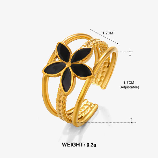 Picture of 1 Piece Vacuum Plating Stylish Ins Style 18K Gold Plated Black 304 Stainless Steel Open Flower Enamel Rings For Women Party 17mm(US Size 6.5)