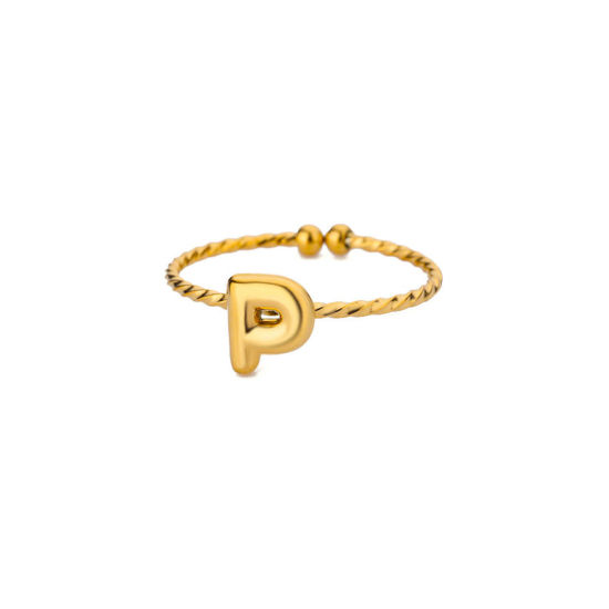 Immagine di 1 Pz Placcatura Sottovuoto Semplice & Casual Semplice Placcato Oro 18K 304 Acciaio Inossidabile Aperto Regolabile Intrecciato Messaggio " P " Anello Per Donne Festa della Mamma 20mm (taglia di US: 10.25)