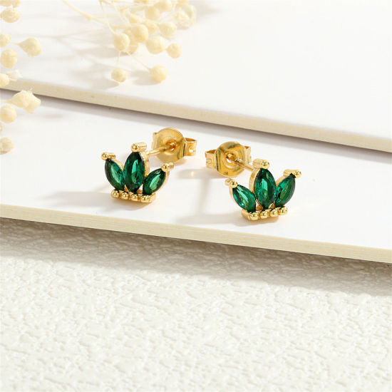 Picture of 1 Pair Eco-friendly Stylish Exquisite 18K Gold Plated Green Brass & Cubic Zirconia Marquise Crown Ear Post Stud Earrings For Women Birthday 8mm x 7mm