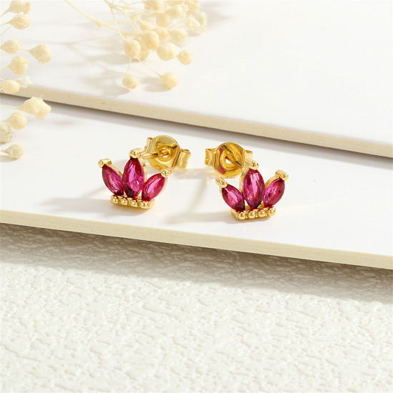 Picture of 1 Pair Eco-friendly Stylish Exquisite 18K Gold Plated Fuchsia Brass & Cubic Zirconia Marquise Crown Ear Post Stud Earrings For Women Birthday 8mm x 7mm