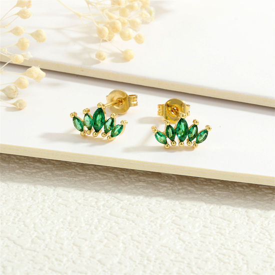 Picture of 1 Pair Eco-friendly Stylish Exquisite 18K Gold Plated Green Brass & Cubic Zirconia Marquise Crown Ear Post Stud Earrings For Women Birthday 10mm x 6mm