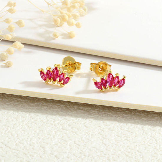 Picture of 1 Pair Eco-friendly Stylish Exquisite 18K Gold Plated Fuchsia Brass & Cubic Zirconia Marquise Crown Ear Post Stud Earrings For Women Birthday 10mm x 6mm