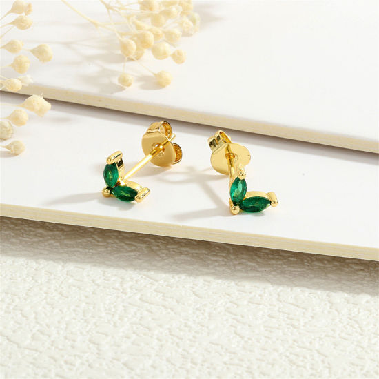 Picture of 1 Pair Eco-friendly Stylish Exquisite 18K Gold Plated Green Brass & Cubic Zirconia Leaf Ear Post Stud Earrings For Women Birthday 7mm x 5mm