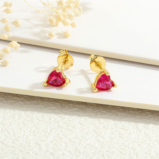 Picture of 1 Pair Eco-friendly Stylish Exquisite 18K Gold Plated Fuchsia Brass & Cubic Zirconia Heart Ear Post Stud Earrings For Women Birthday 6mm x 6mm