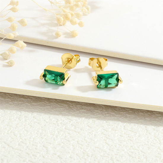 Picture of 1 Pair Eco-friendly Stylish Exquisite 18K Gold Plated Green Brass & Cubic Zirconia Rectangle Ear Post Stud Earrings For Women Birthday 7mm x 5mm