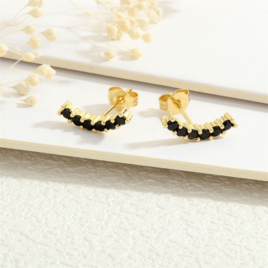 Picture of 1 Pair Eco-friendly Stylish Exquisite 18K Gold Plated Black Brass & Cubic Zirconia Curve Ear Post Stud Earrings For Women Birthday 14mm x 4mm