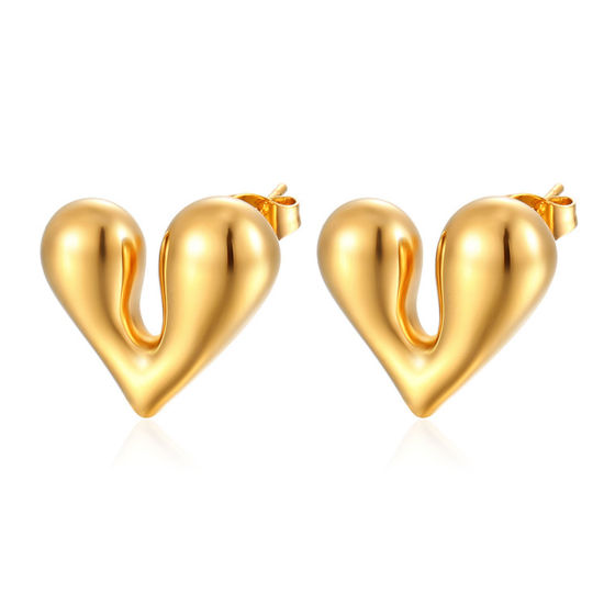 Picture of 1 Pair Vacuum Plating Stylish Retro 18K Gold Plated 304 Stainless Steel Heart Ear Post Stud Earrings For Women Party 19mm x 19mm