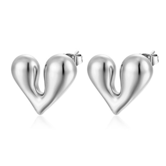 Picture of 1 Pair Eco-friendly Stylish Retro Silver Tone 304 Stainless Steel Heart Ear Post Stud Earrings For Women Party 19mm x 19mm