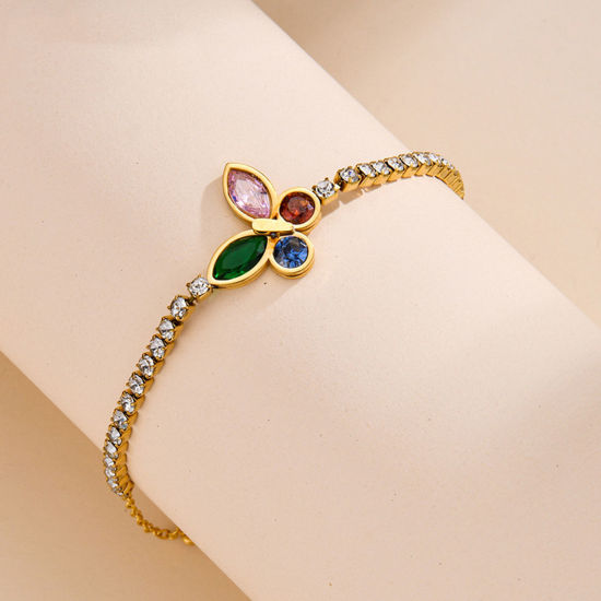Imagen de 1 Unidad Enchapado al Vacío Dulce & Lindo Elegante Chapado en Oro de 18K 304 Acero Inoxidable y Diamantes de Imitación Cadena de Eslabones Hechos a Mano Mariposa Pulseras Para Mujeres Fiesta 18cm longitud