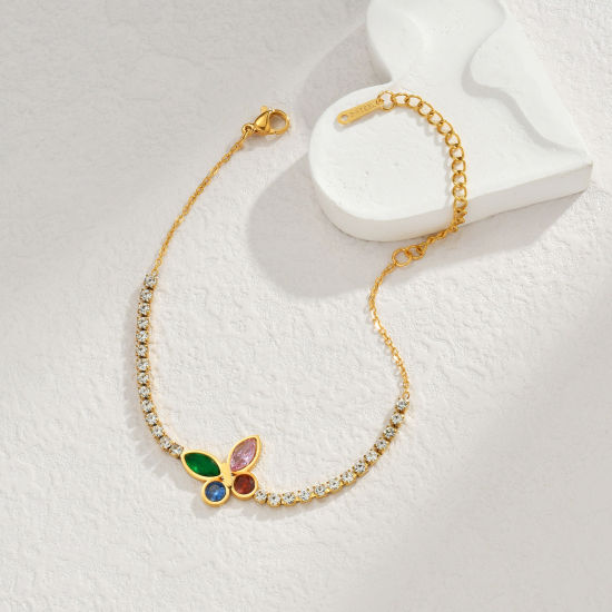 Imagen de 1 Unidad Enchapado al Vacío Dulce & Lindo Elegante Chapado en Oro de 18K 304 Acero Inoxidable y Diamantes de Imitación Cadena de Eslabones Hechos a Mano Mariposa Pulseras Para Mujeres Fiesta 18cm longitud