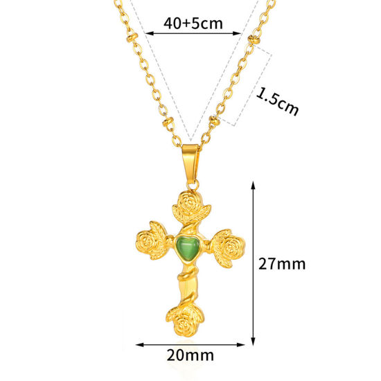Imagen de 1 Unidad Enchapado al Vacío Sencillo & Casual Religión Chapado en Oro de 18K Verde 304 Acero Inoxidable & Piedra Cadenas Bola Cruz Corazón Collar con Colgante Para Mujeres Fiesta 40cm longitud