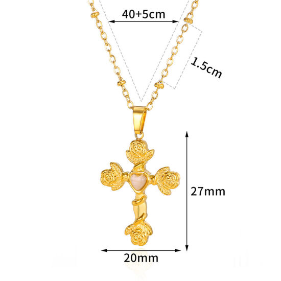 Imagen de 1 Unidad Enchapado al Vacío Sencillo & Casual Religión Chapado en Oro de 18K Rosado 304 Acero Inoxidable & Piedra Cadenas Bola Cruz Rosa Collar con Colgante Para Mujeres Fiesta 40cm longitud