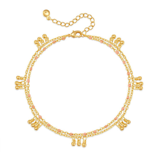 Picture of 1 Piece Eco-friendly Bohemia Boho Beach 18K Real Gold Plated Brass Ball Chain Tassel Multilayer Layered Anklet For Women 21cm(8.3") long