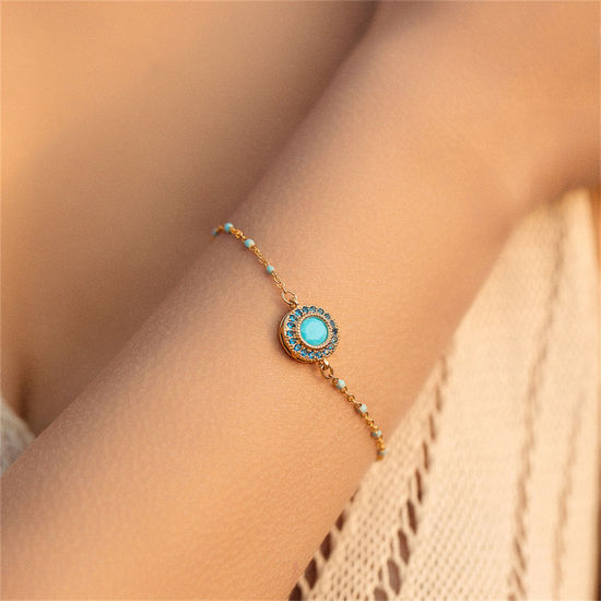 Imagen de 1 Unidad Respetuoso del Medio Ambiente Estilo Étnico Bohemia 18K Oro Real Chapado Azul Piedra & Latón Cable Cadena Cruz Ronda Con Cabochons de piedras preciosas sintéticas Pulseras Para Mujeres Fiesta 16cm longitud