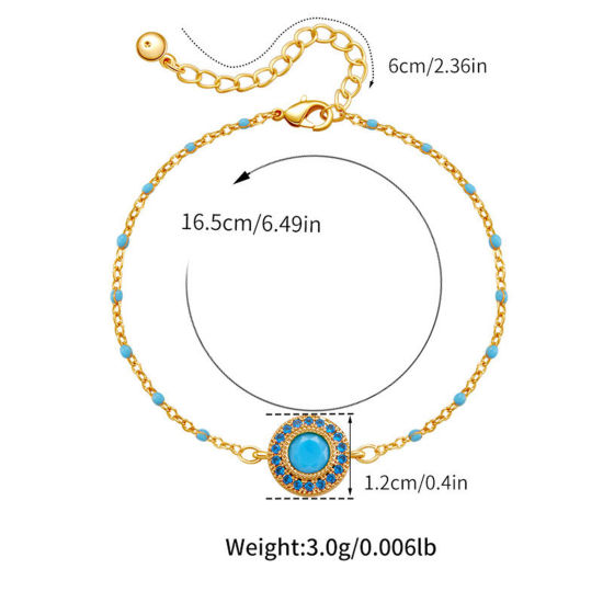 Imagen de 1 Unidad Respetuoso del Medio Ambiente Estilo Étnico Bohemia 18K Oro Real Chapado Azul Piedra & Latón Cable Cadena Cruz Ronda Con Cabochons de piedras preciosas sintéticas Pulseras Para Mujeres Fiesta 16cm longitud