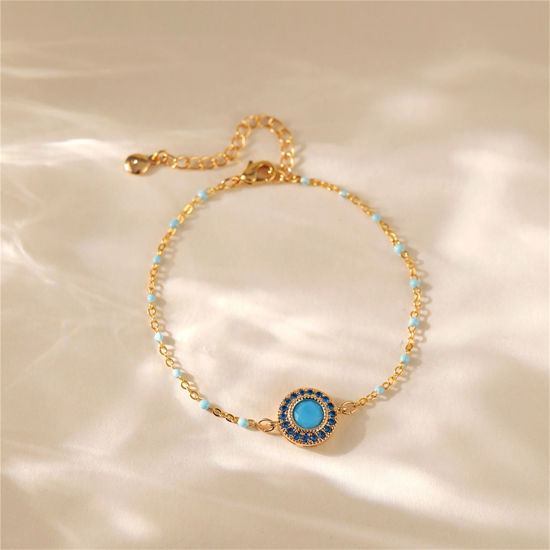 Imagen de 1 Unidad Respetuoso del Medio Ambiente Estilo Étnico Bohemia 18K Oro Real Chapado Azul Piedra & Latón Cable Cadena Cruz Ronda Con Cabochons de piedras preciosas sintéticas Pulseras Para Mujeres Fiesta 16cm longitud