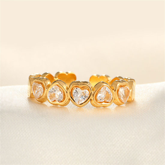 Picture of 1 Piece Vacuum Plating Stylish Ins Style 18K Gold Plated Transparent Clear 304 Stainless Steel & Rhinestone Open Heart Rings For Women Party 17mm(US Size 6.5)