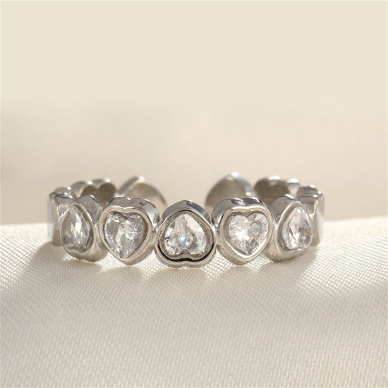 Picture of 1 Piece Eco-friendly Stylish Ins Style Silver Tone Transparent Clear 304 Stainless Steel & Rhinestone Open Heart Rings For Women Party 17mm(US Size 6.5)