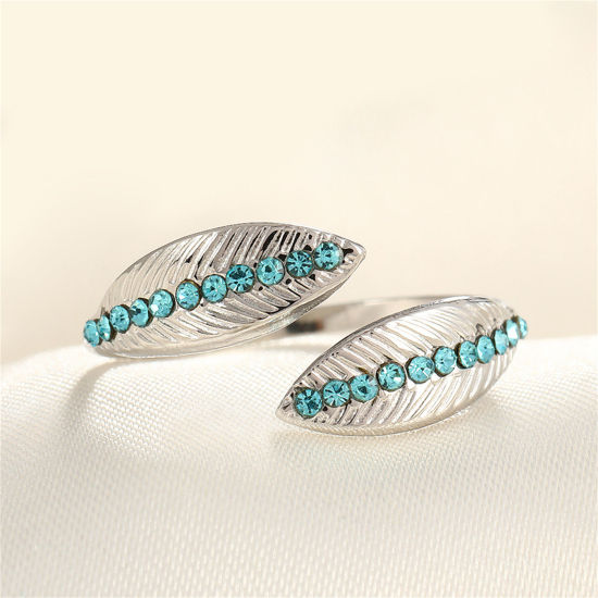 Picture of 1 Piece Eco-friendly Stylish Ins Style Silver Tone Blue 304 Stainless Steel & Rhinestone Open Leaf Rings For Women Party 17mm(US Size 6.5)