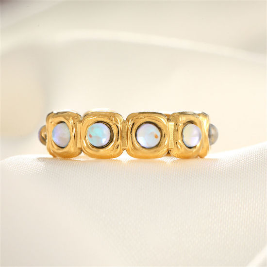 Picture of 1 Piece Vacuum Plating Stylish Ins Style 18K Gold Plated 304 Stainless Steel & Rhinestone Open Square Rings For Women Party 17mm(US Size 6.5)