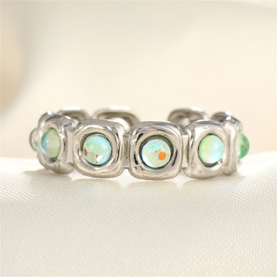 Picture of 1 Piece Eco-friendly Stylish Ins Style Silver Tone 304 Stainless Steel & Rhinestone Open Square Rings For Women Party 17mm(US Size 6.5)