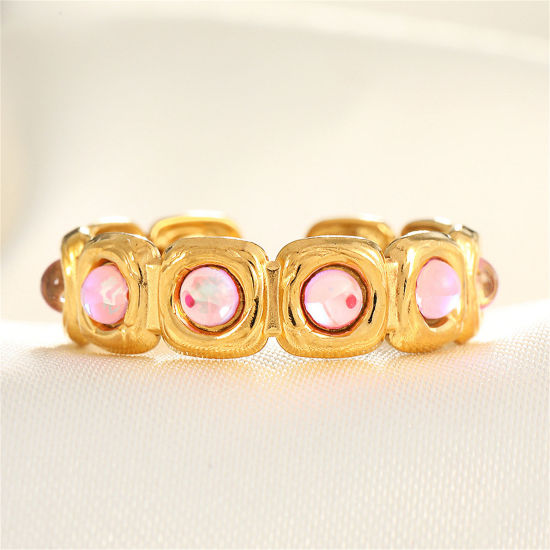 Picture of 1 Piece Vacuum Plating Stylish Ins Style 18K Gold Plated Pink 304 Stainless Steel & Rhinestone Open Square Rings For Women Party 17mm(US Size 6.5)