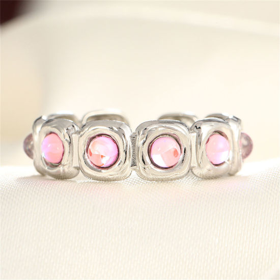 Picture of 1 Piece Eco-friendly Stylish Ins Style Silver Tone Pink 304 Stainless Steel & Rhinestone Open Square Rings For Women Party 17mm(US Size 6.5)