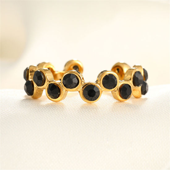 Picture of 1 Piece Vacuum Plating Stylish Ins Style 18K Gold Plated Black 304 Stainless Steel & Rhinestone Open Irregular Round Rings For Women Party 17mm(US Size 6.5)