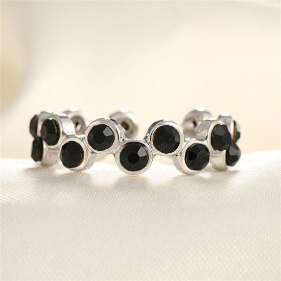 Picture of 1 Piece Eco-friendly Stylish Ins Style Silver Tone Black 304 Stainless Steel & Rhinestone Open Irregular Round Rings For Women Party 17mm(US Size 6.5)