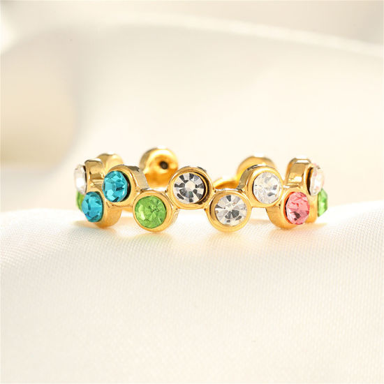 Picture of 1 Piece Vacuum Plating Stylish Ins Style 18K Gold Plated Multicolor 304 Stainless Steel & Rhinestone Open Irregular Round Rings For Women Party 17mm(US Size 6.5)